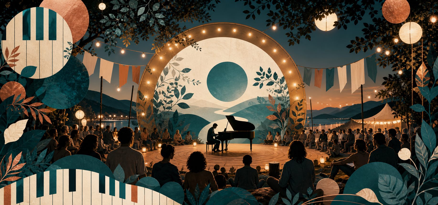 Rencontre culturelle Piano Terra avec piano, public et paysage naturel.
