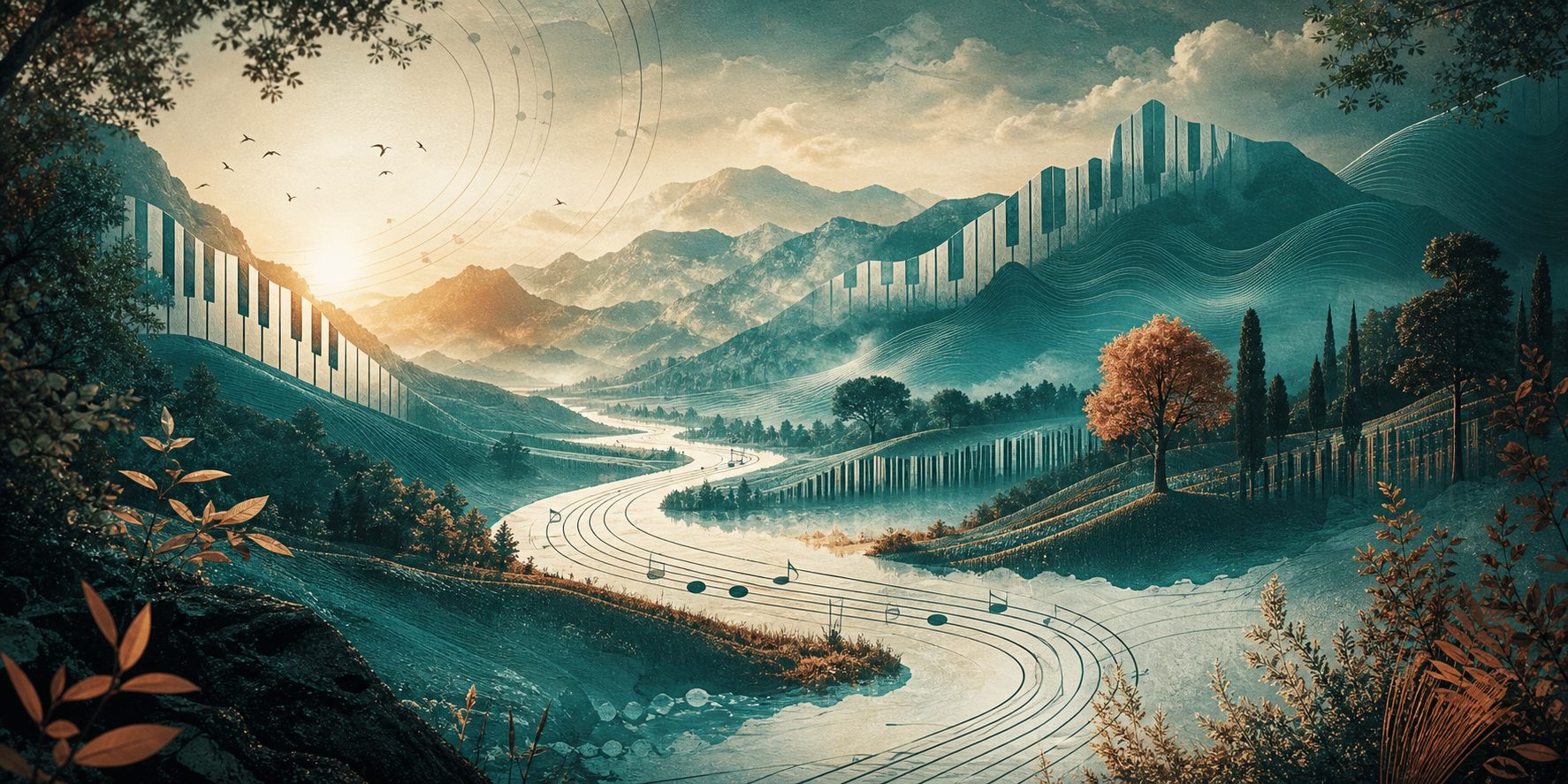 Paysage Piano Terra avec clavier, nature et lignes musicales.